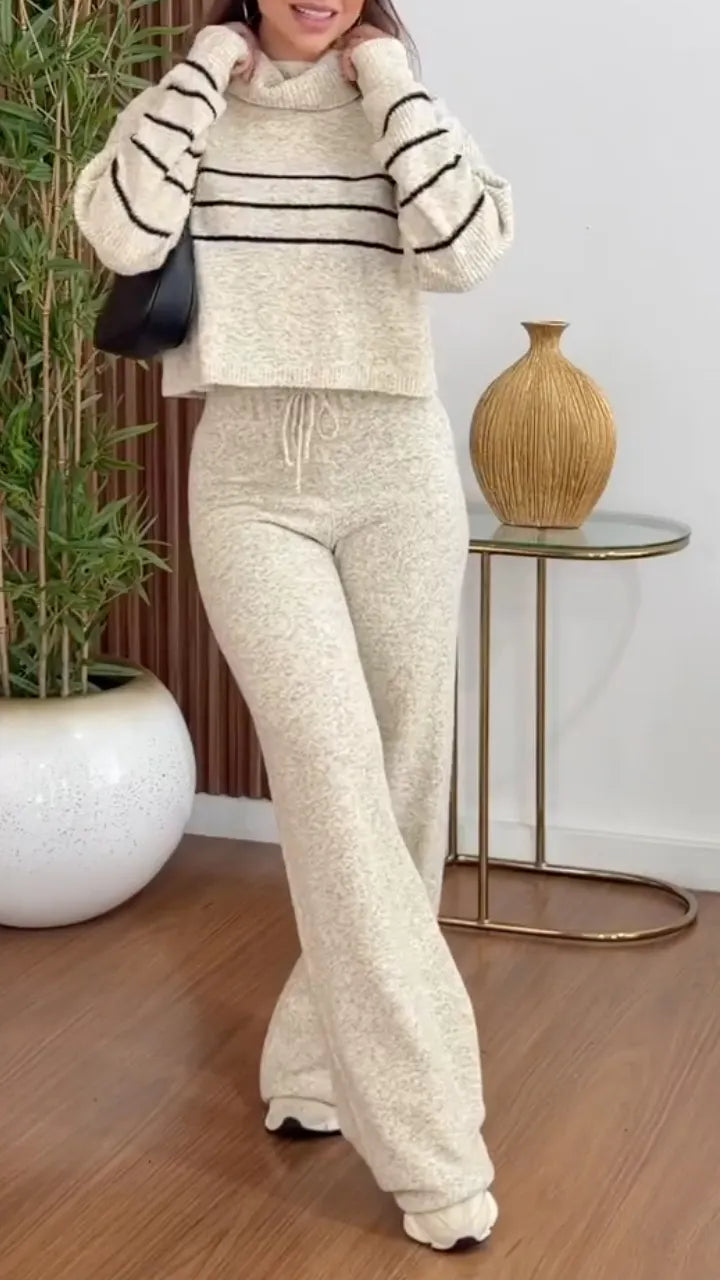 Heather Oat Stripe Knit Cowl Neck Flare Pant Loungewear Set
