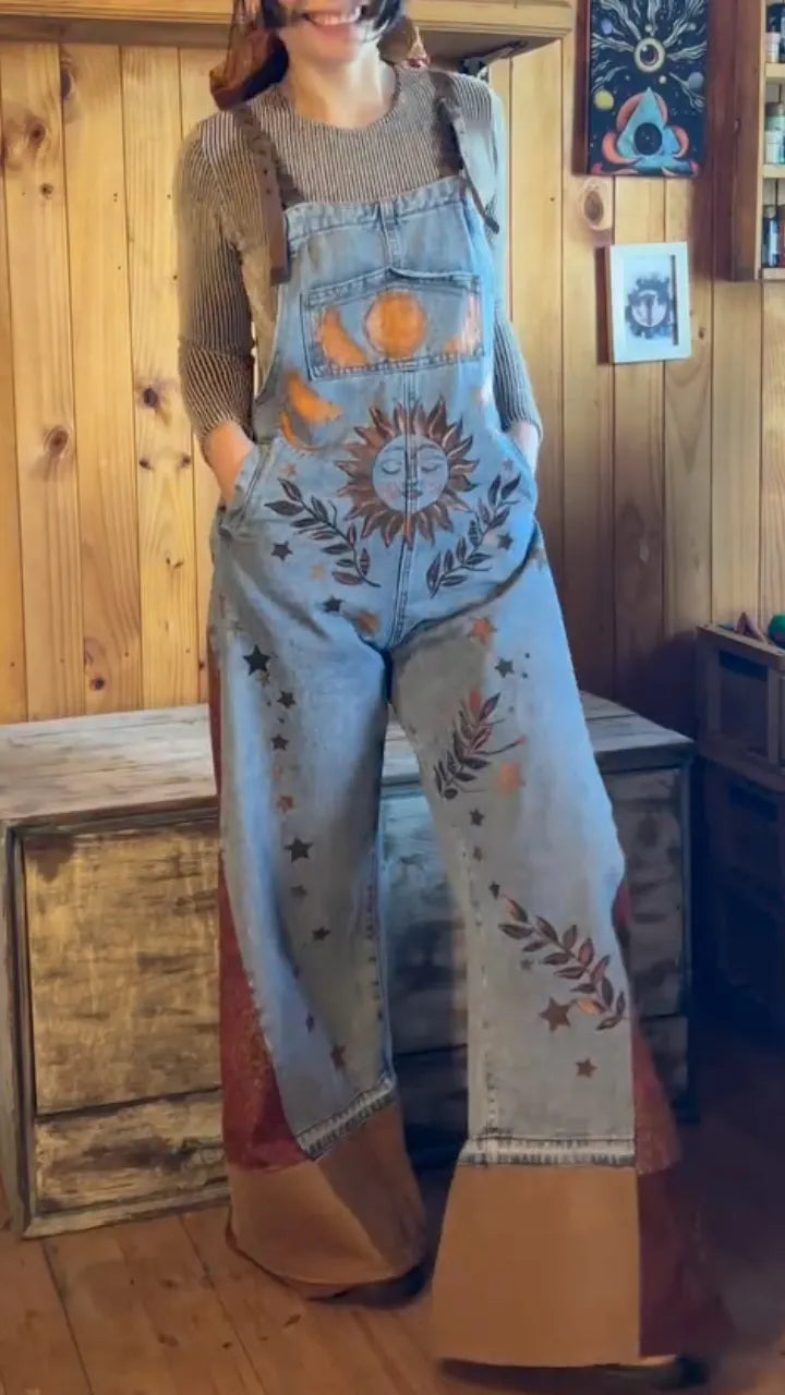 Sun Moon Star Print Patchwork Denim Dungaree Overalls