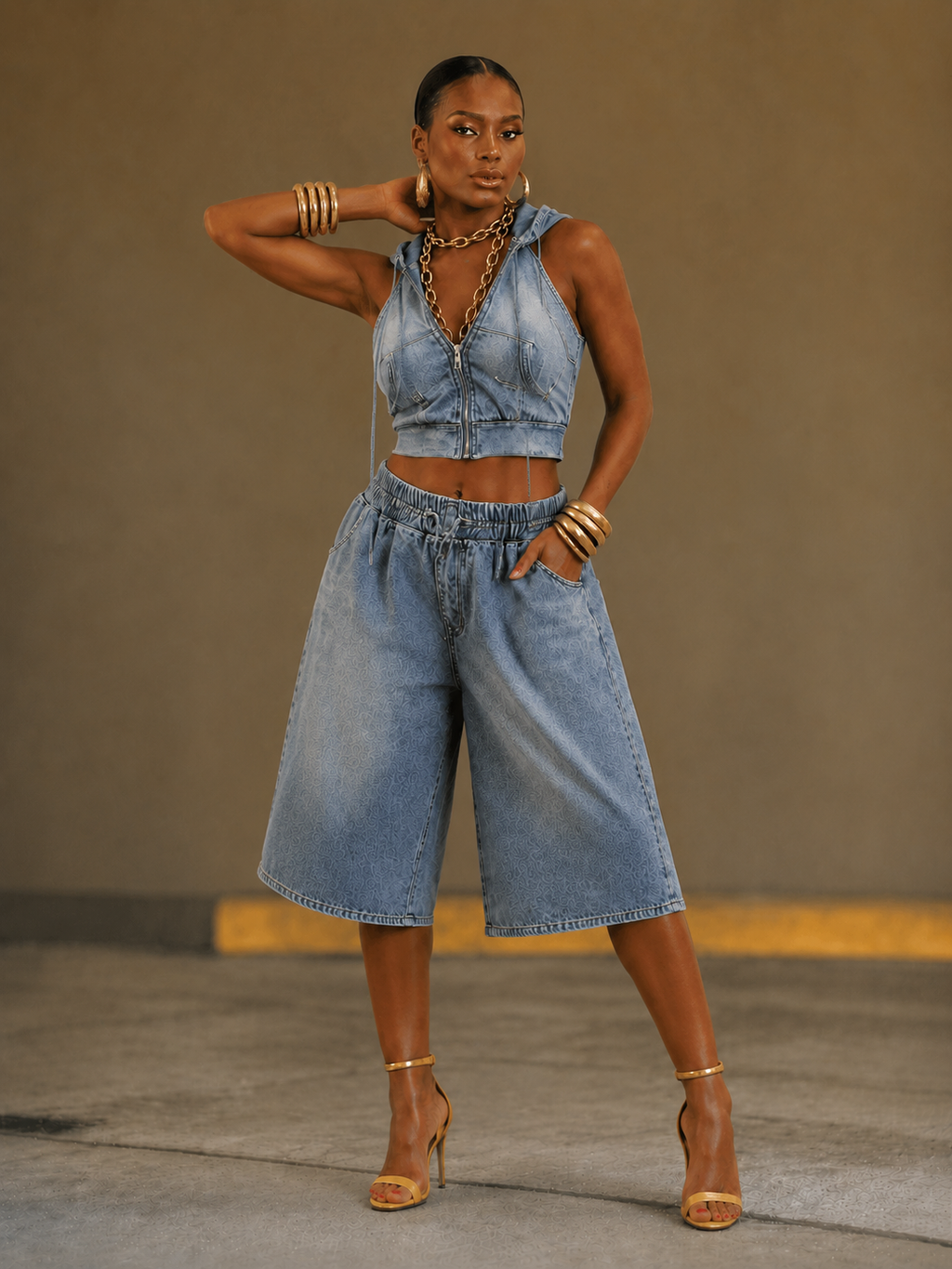 Hooded Sleeveless Denim Crop Top & Bermuda Short Set