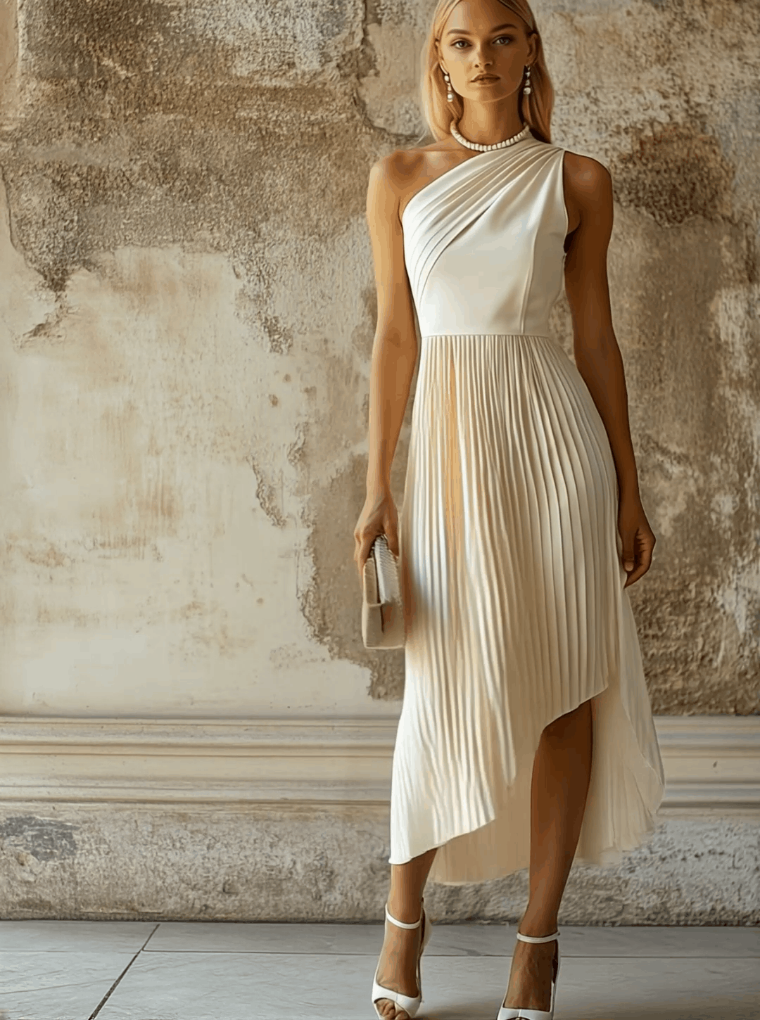 銆�24-hour shipping out銆慐legant High-end Evening Gown White Pleated Sleeveless Midi Dress