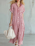 Vintage-style Casual Red Striped Short-sleeve Maxi Dress