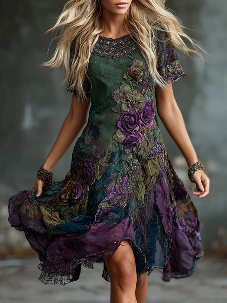 Women's Vintage Floral Color Blocking Art Linen Blend Short Sleeve Dress
