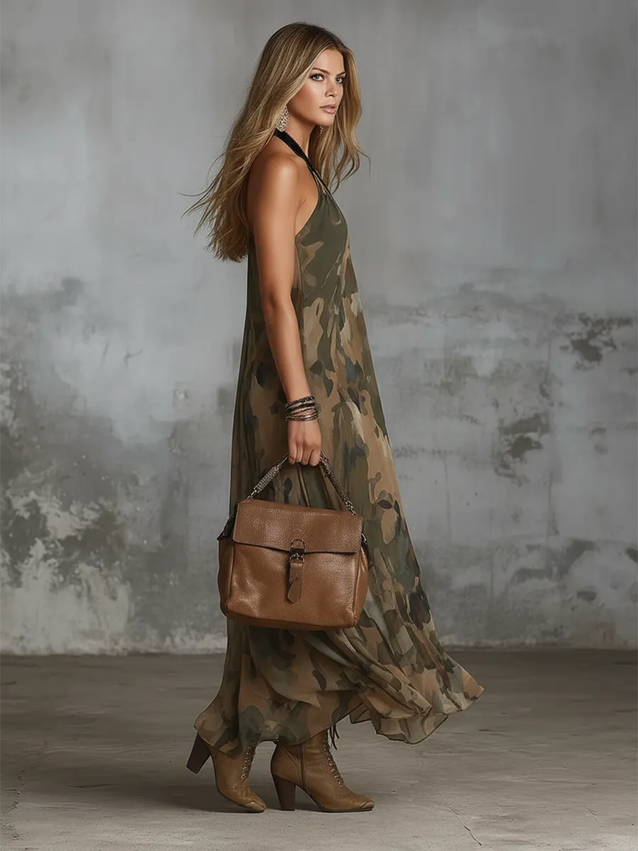 Chic And Elegant Green Camouflage Print Halter-neck Chiffon Maxi Dress