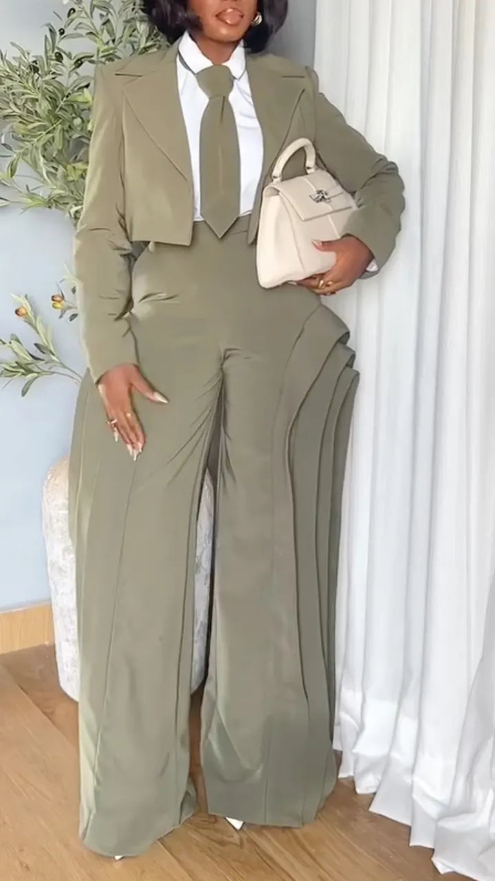Olive Cropped Lapel Blazer Layer Flare Pant Suit Set(Buy 1 Free Shipping)