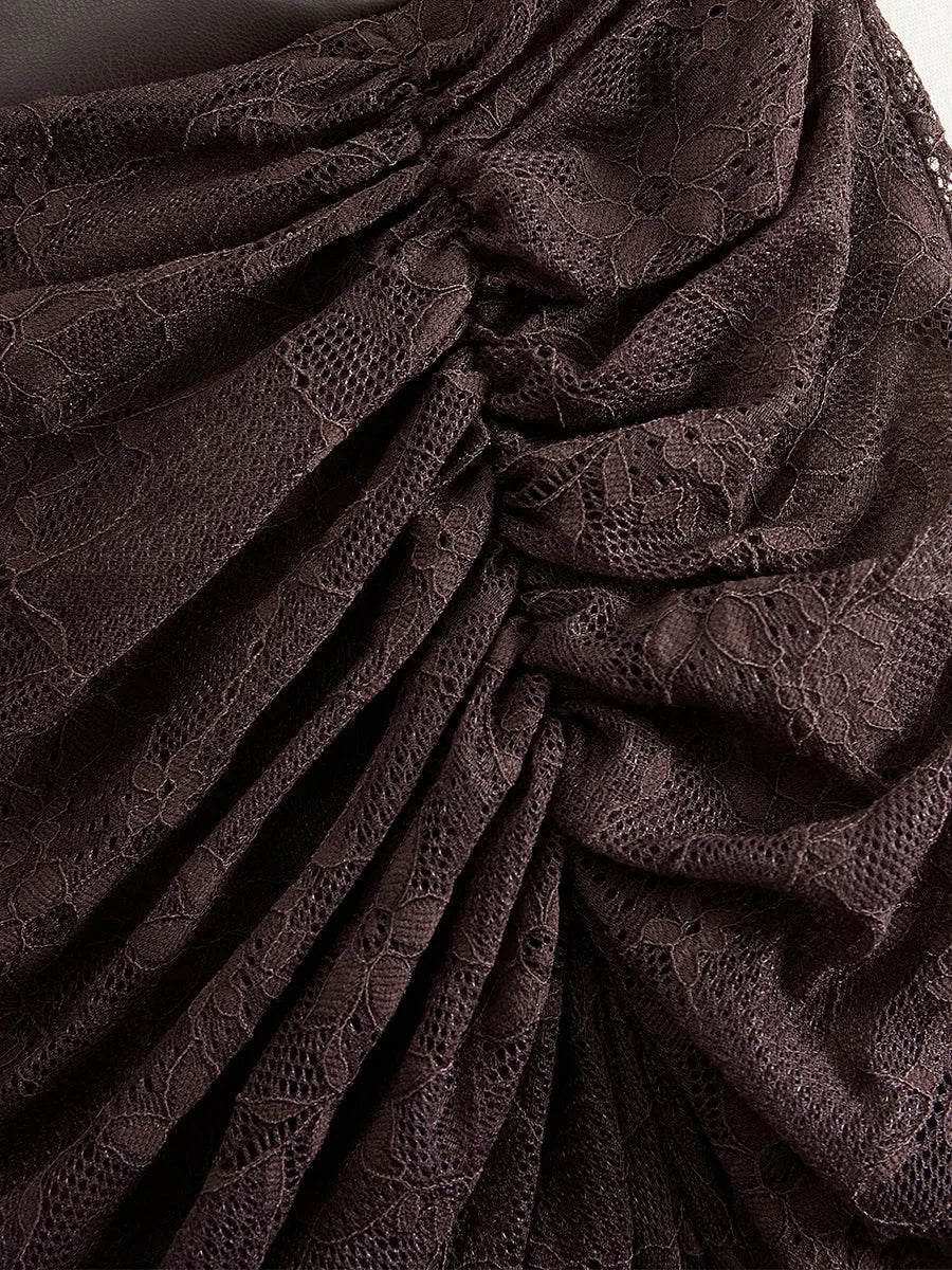 Retro High-end Brown-red Imitation Leather Stitching Lace Long-sleeved Maxi Dress