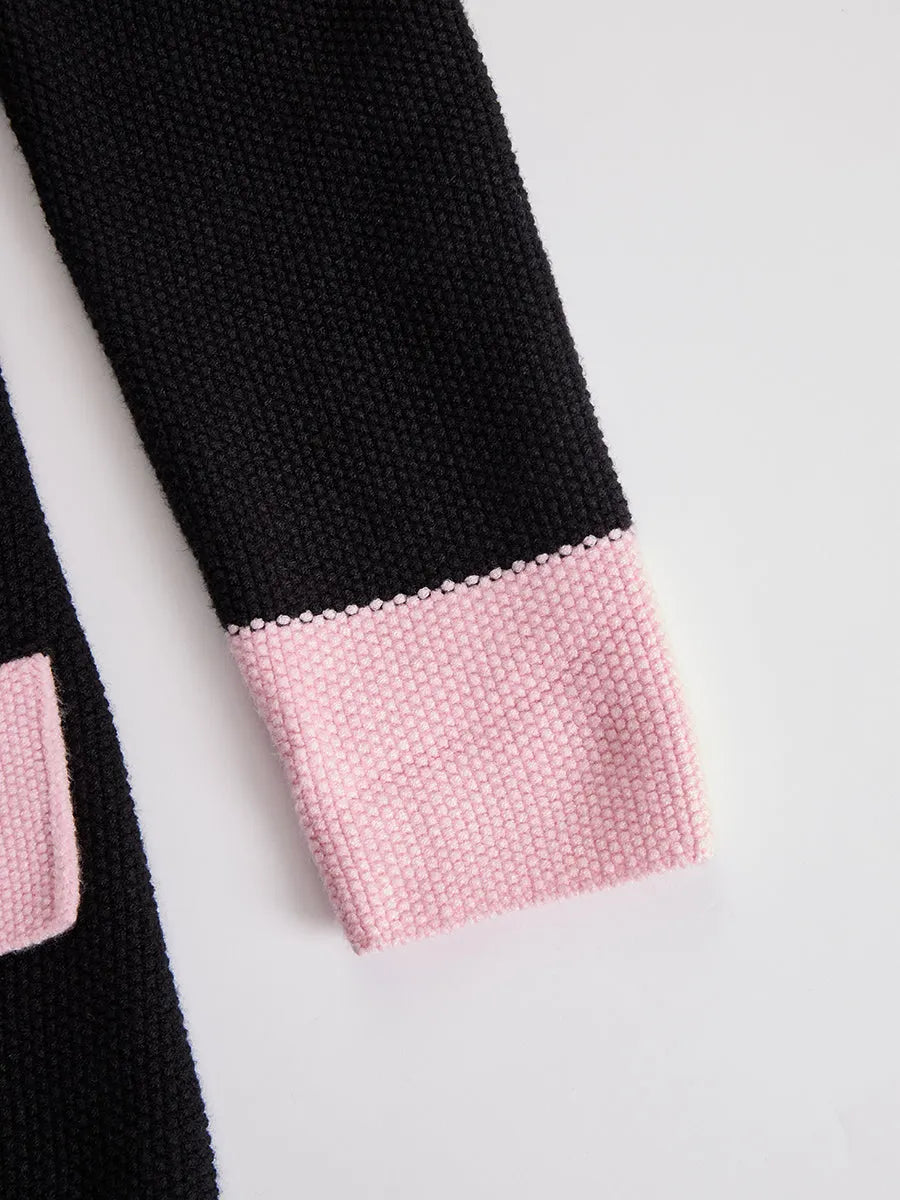 銆�24-hour shipping out銆態lack Contrast Pink Knitted Jacket And Skirt Set
