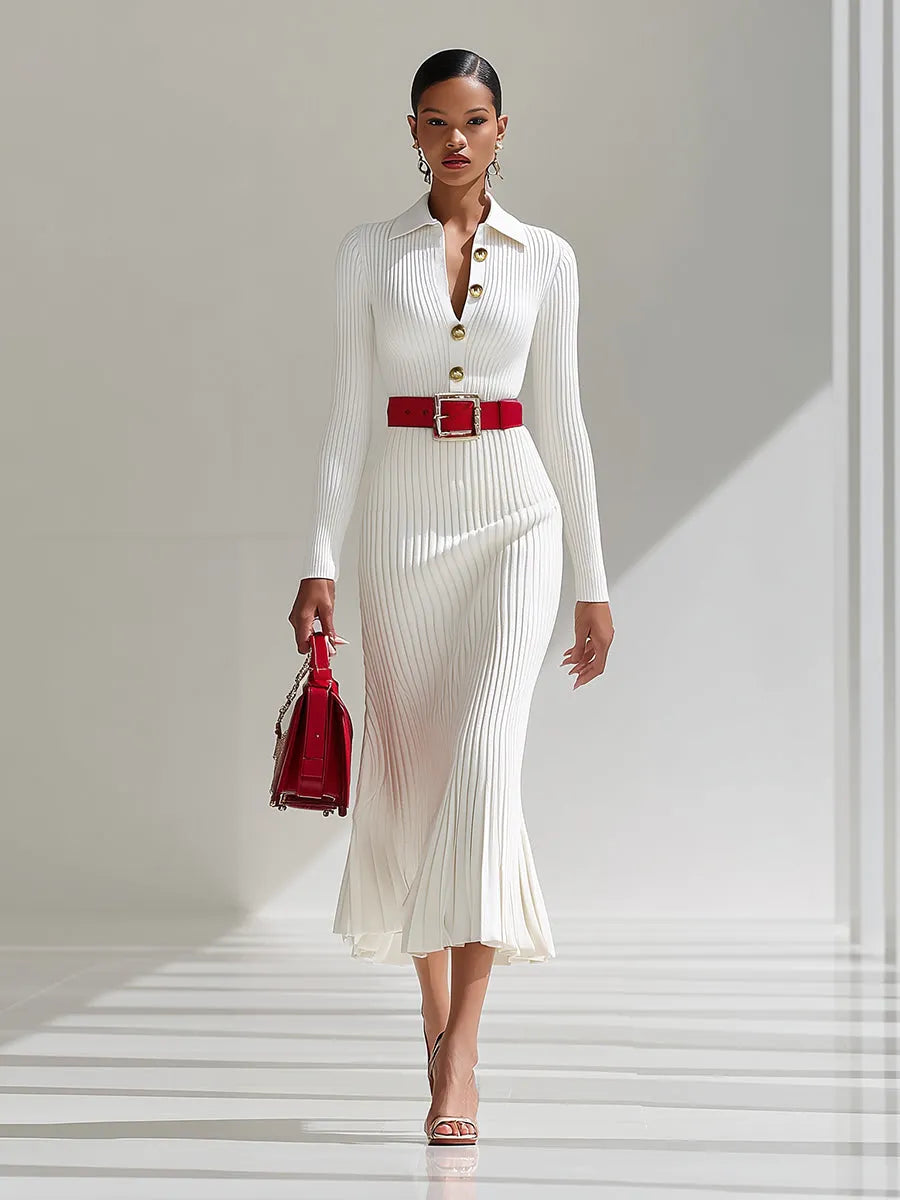 銆�24-hour shipping out銆慦hite Wool Lapel Button Design Maxi Dress