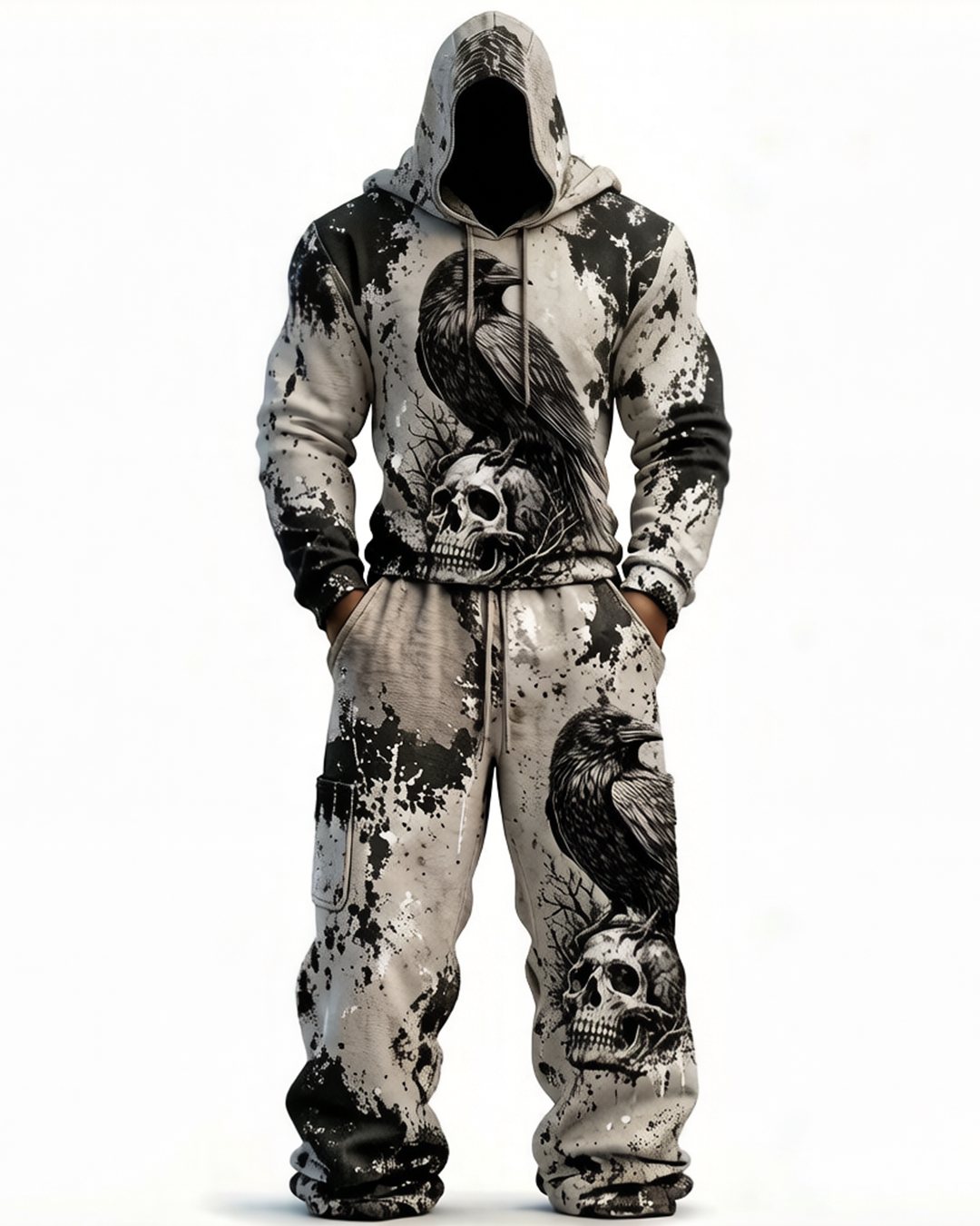 Men's Viking Color-Blocked Raven Embroidered Hoodie and Pants Two-Piece Set 3642