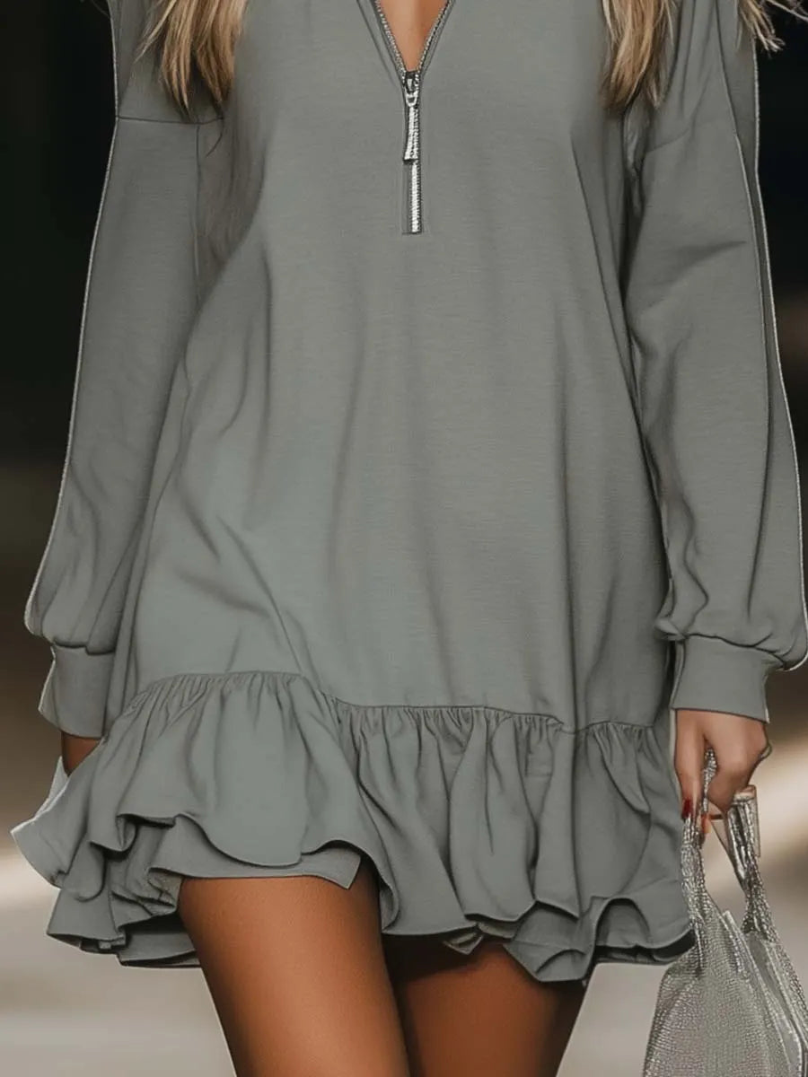 Casual Loose Fashion Zipper V-neck Long Sleeve Lotus Leaf Hem Gray Mini Dress
