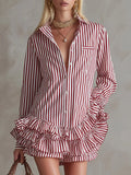 Vintage-style Elegant Red Striped Ruffled Shirt Mini Dress