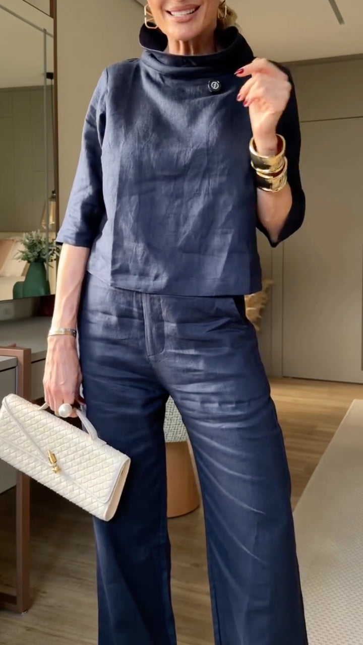Cowl Neck Linen Crop Top & Wide Leg Pant Matching Set