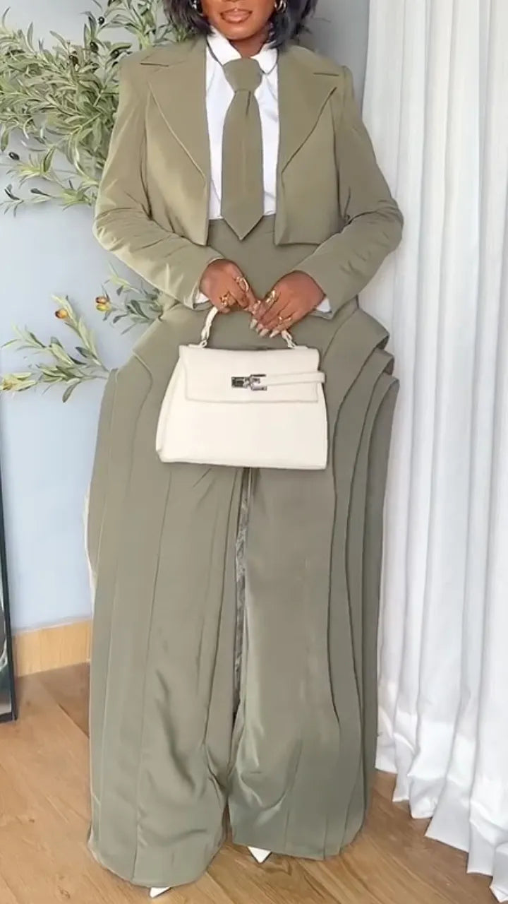 Olive Cropped Lapel Blazer Layer Flare Pant Suit Set(Buy 1 Free Shipping)