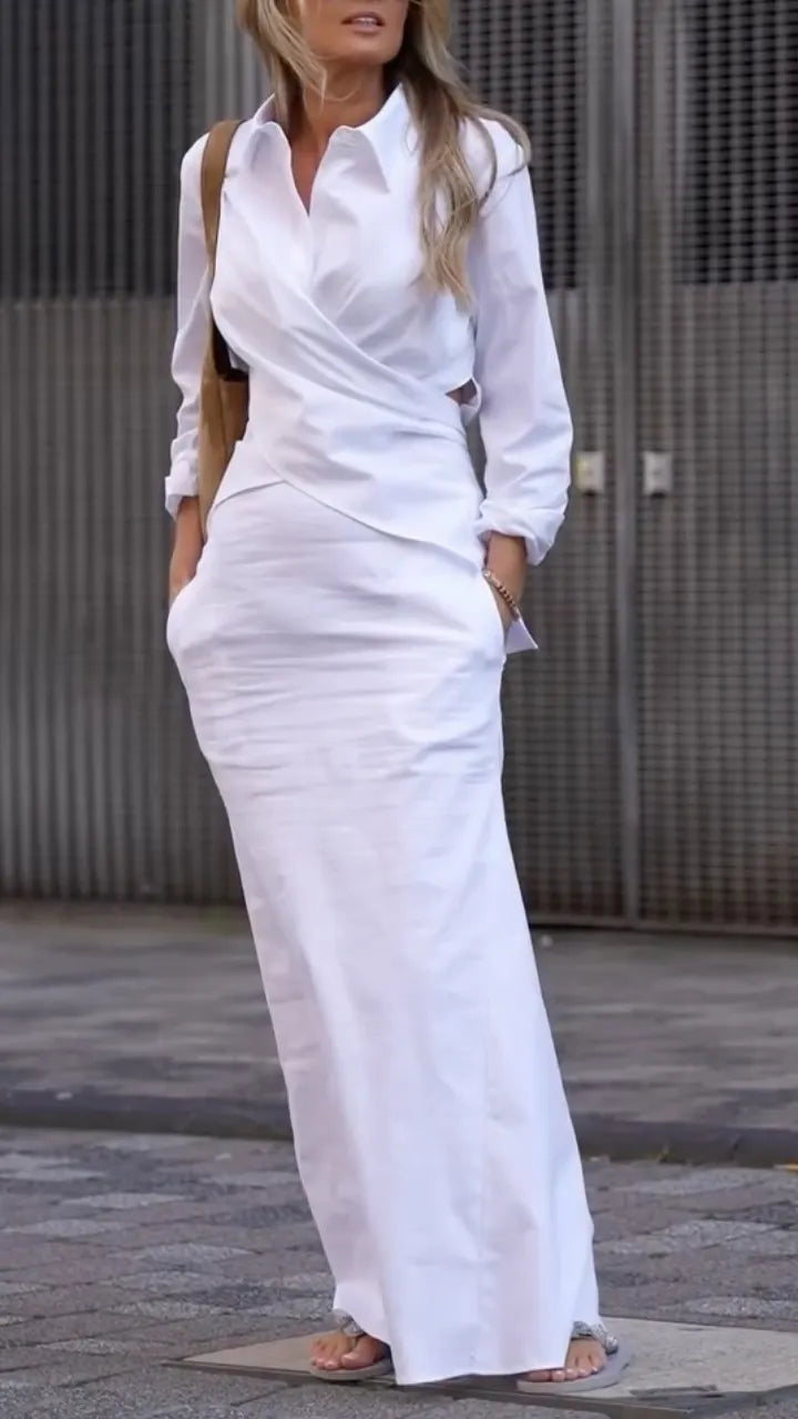 Wrap Collar Maxi Shirt Dress With Pockets