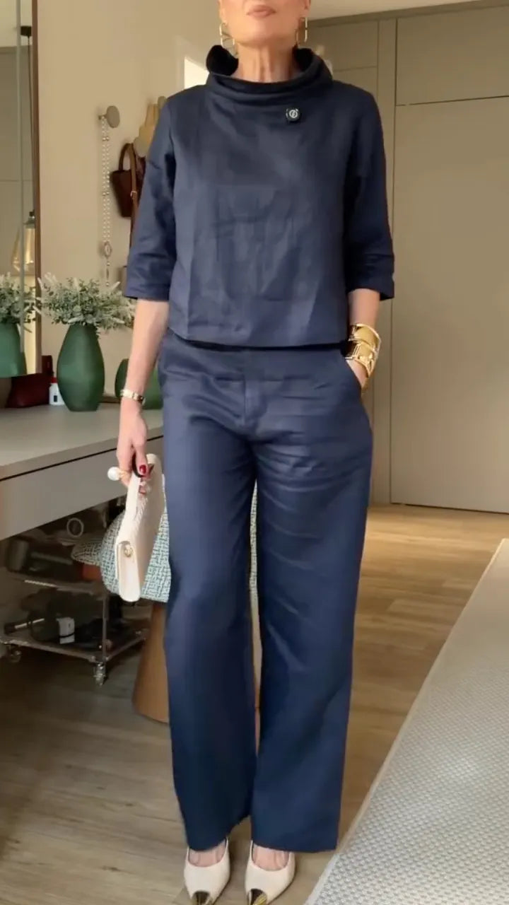 Cowl Neck Linen Crop Top & Wide Leg Pant Matching Set