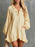 Retro Casual Yellow Striped Ruffled V-neck Long-sleeved Cotton Linen Mini Dress