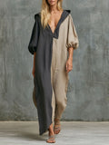 Casual Retro Gray Color-blocked Hooded V-neck Cotton Linen Maxi Dress