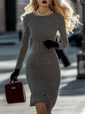 銆�24-hour shipping out銆慠etro Elegant High-End Round Neck Houndstooth Dress