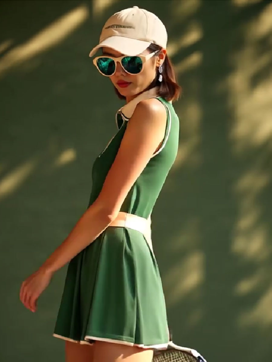 銆�24-hour shipping out銆慍asual Fashion Polo Neck White Trim Green Sleeveless Mini Dress