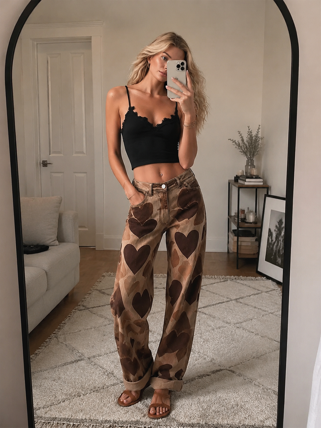 Retro Casual Heart Pattern Versatile Light Brown Denim Pants