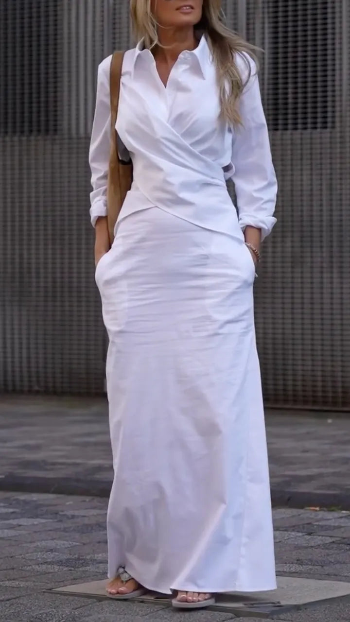 Wrap Collar Maxi Shirt Dress With Pockets