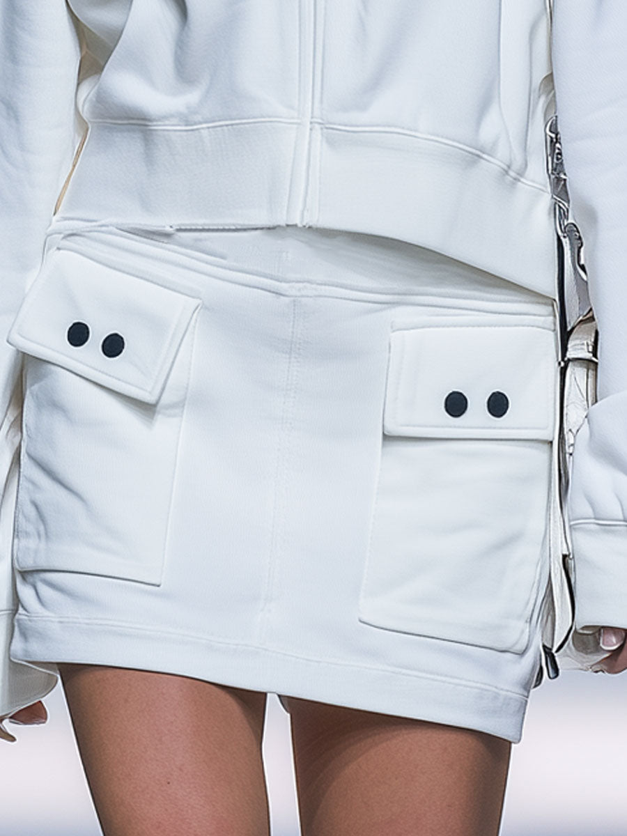 Casual Retro White Crew Neck Zip-up Sweatshirt And Skirt Set