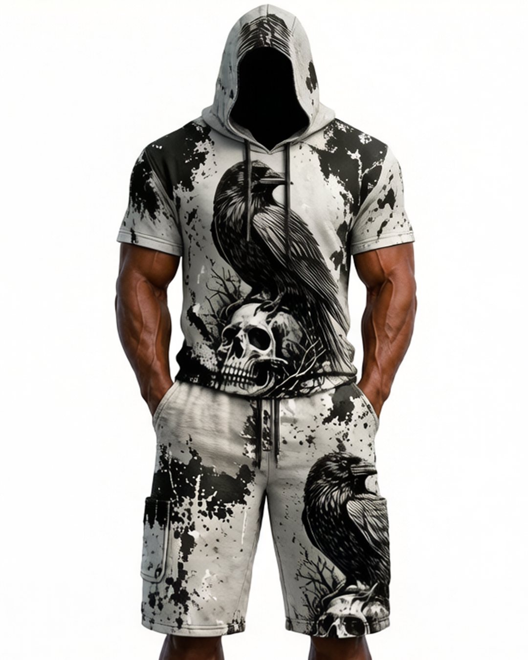 Men's Viking Color-Blocked Raven Embroidered Hoodie and Pants Two-Piece Set 3642