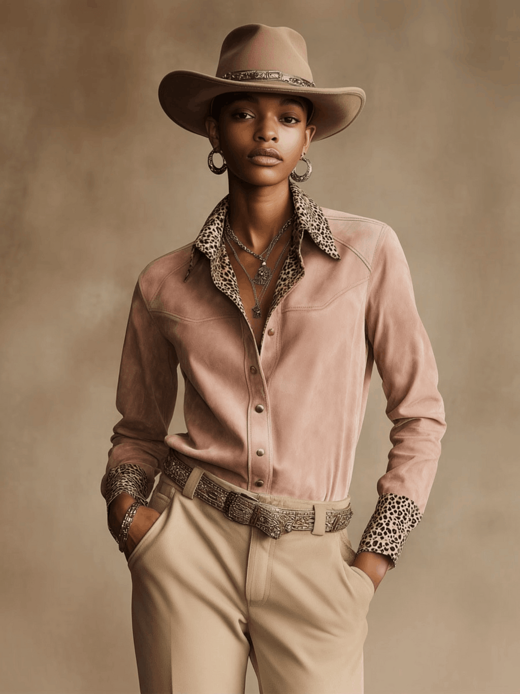 Western Retro Leopard Print Pink Faux Suede Long-Sleeve Shirt