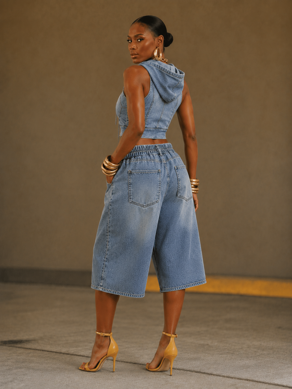 Hooded Sleeveless Denim Crop Top & Bermuda Short Set