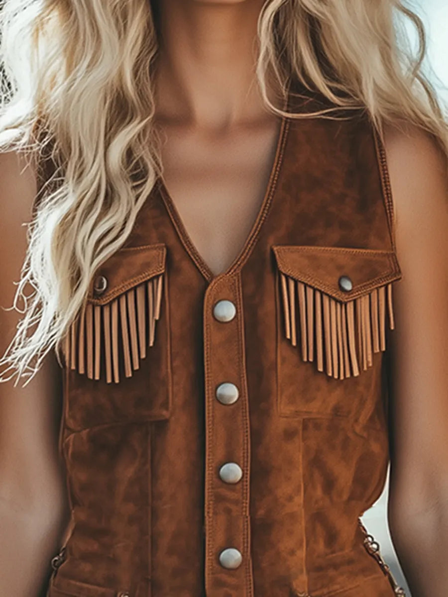Vintage Western Tassel Brown Suede Vest Shorts Jumpsuit