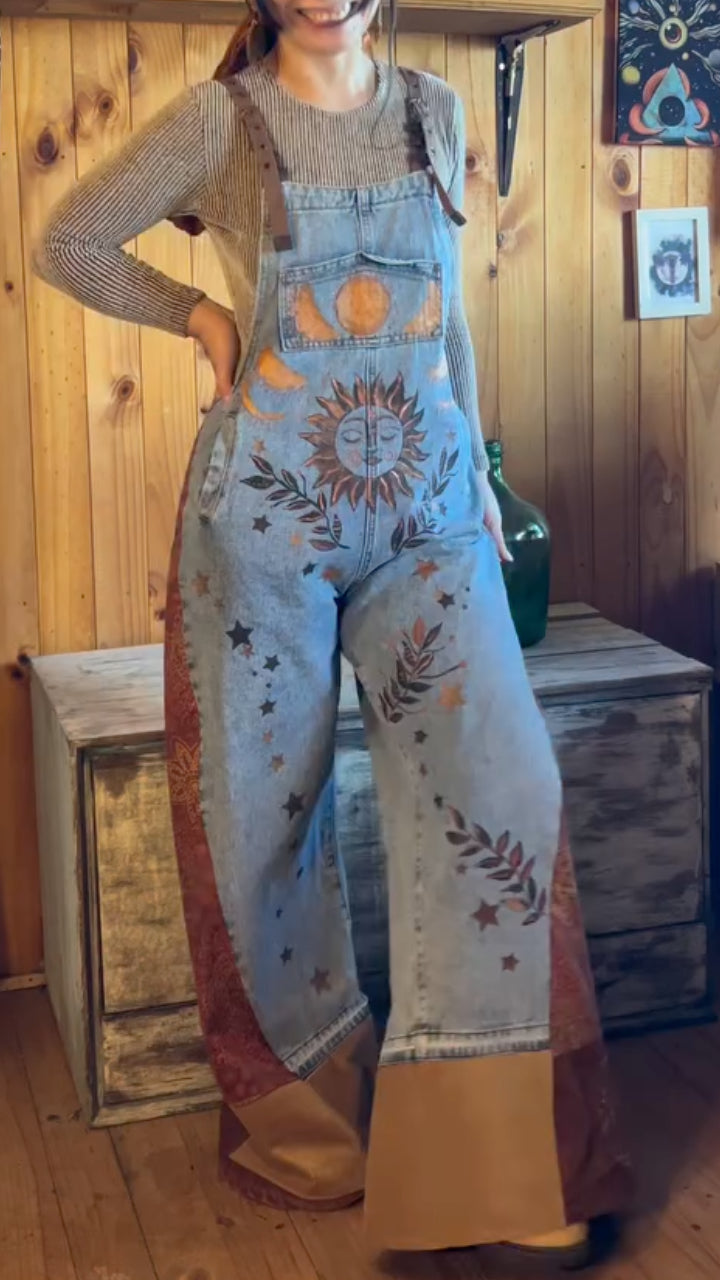 Sun Moon Star Print Patchwork Denim Dungaree Overalls