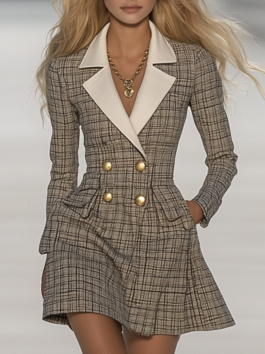 銆�24-hour shipping out銆慍lassic and Fashionable Contrast Lapel Plaid Mini Dress