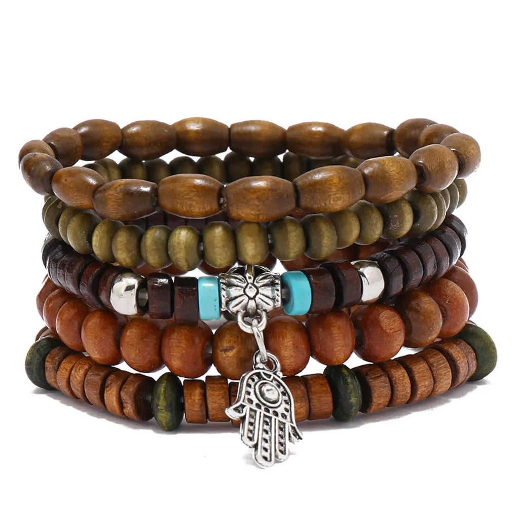 Unisex Vintage Hand Of Fatima Pendant Wooden Bead N