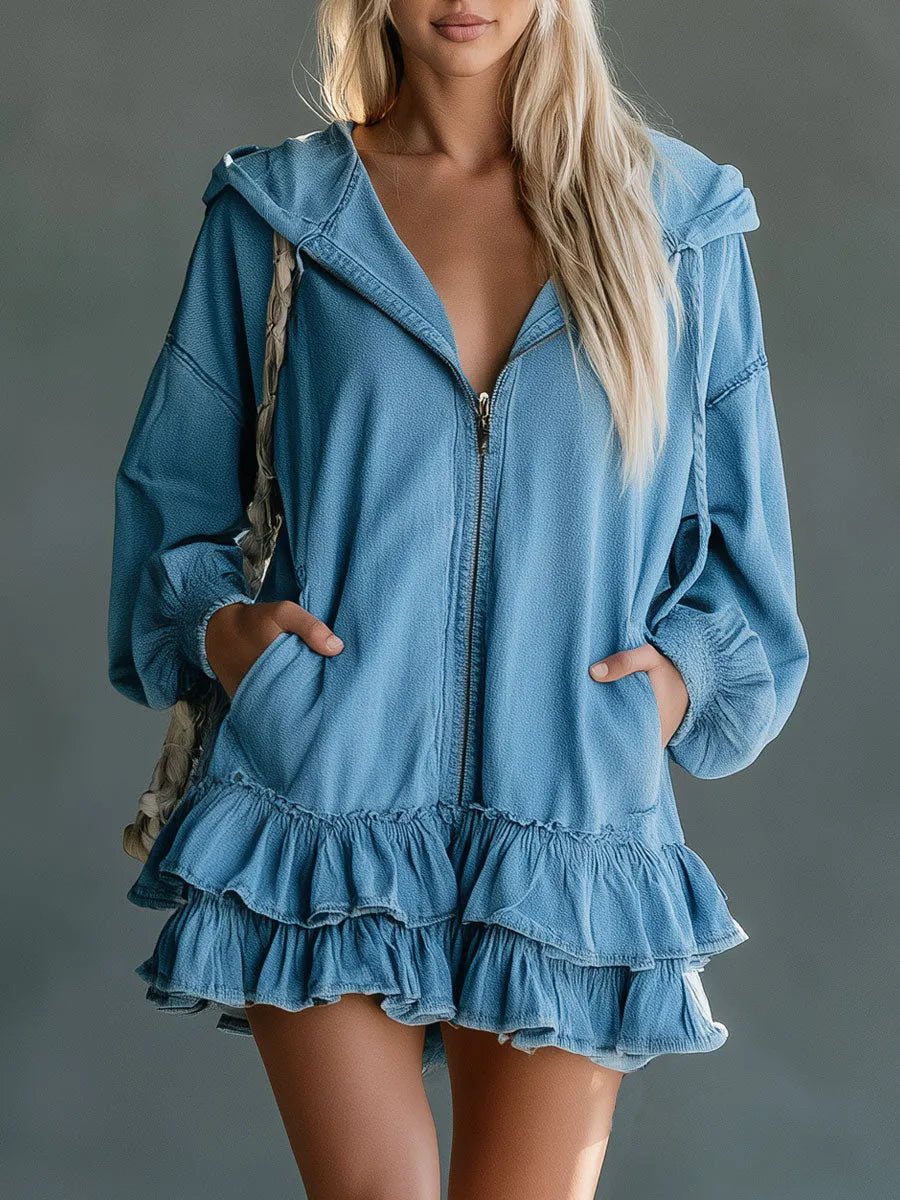 Fashionable Retro Blue Long-sleeved Hooded Zip-up Ruffled Denim Mini Dress