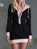 Casual Retro Color-blocked Trim Black Hooded Long-sleeved Zip-up Cotton Mini Dress