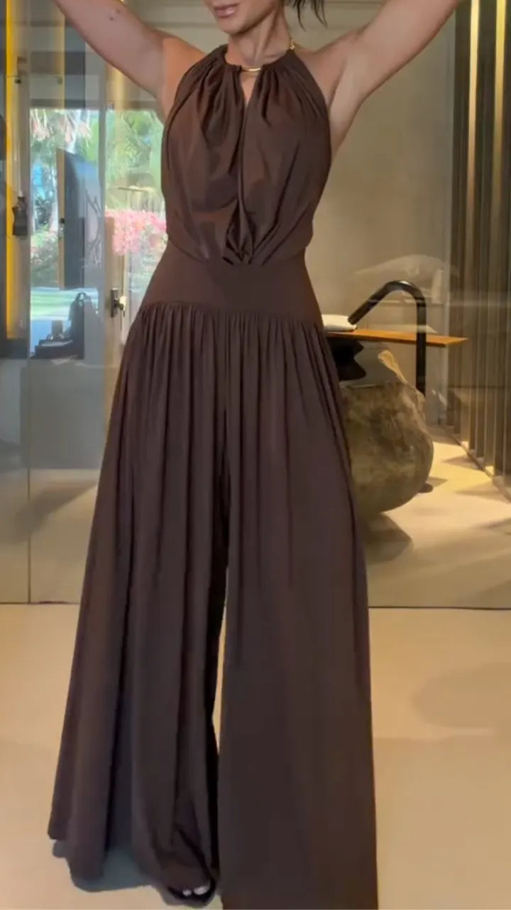 Halter Neck Ruched Wide Leg Jumpsuit