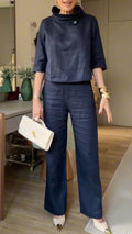 Cowl Neck Linen Crop Top & Wide Leg Pant Matching Set