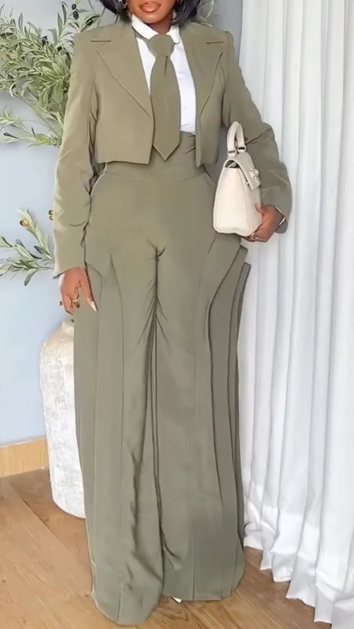 Olive Cropped Lapel Blazer Layer Flare Pant Suit Set(Buy 1 Free Shipping)