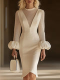 銆�24-hour shipping out銆慐legant Classic Splicing Mesh Puff Sleeve Midi Dress