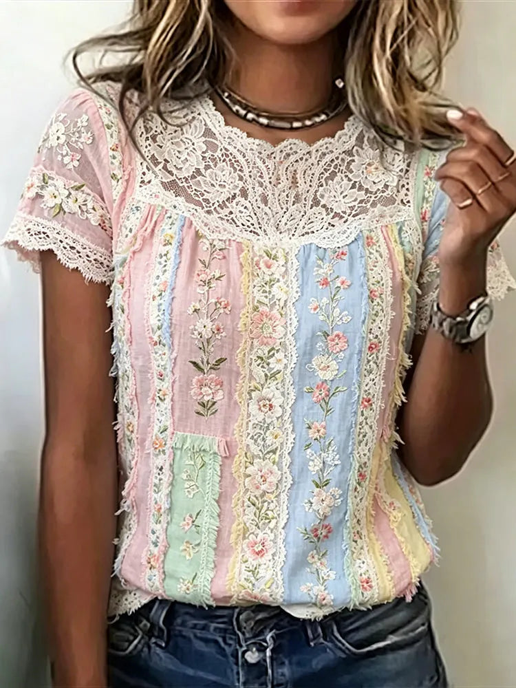 Vintage-inspired Small Floral And Lace Embroidery Patchwork Art Comfortable Linen Blend Crew Neck Short Sleeve Top