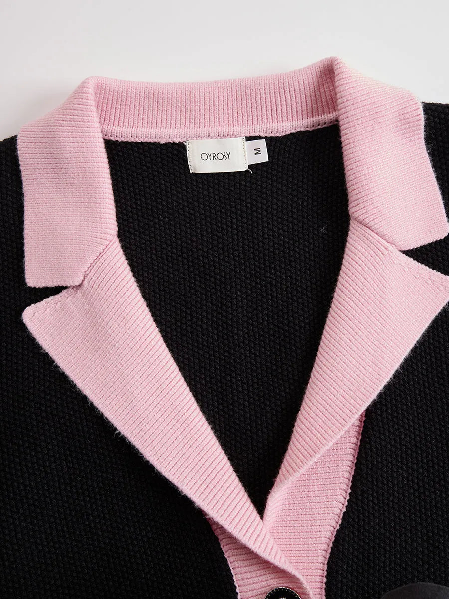 銆�24-hour shipping out銆態lack Contrast Pink Knitted Jacket And Skirt Set