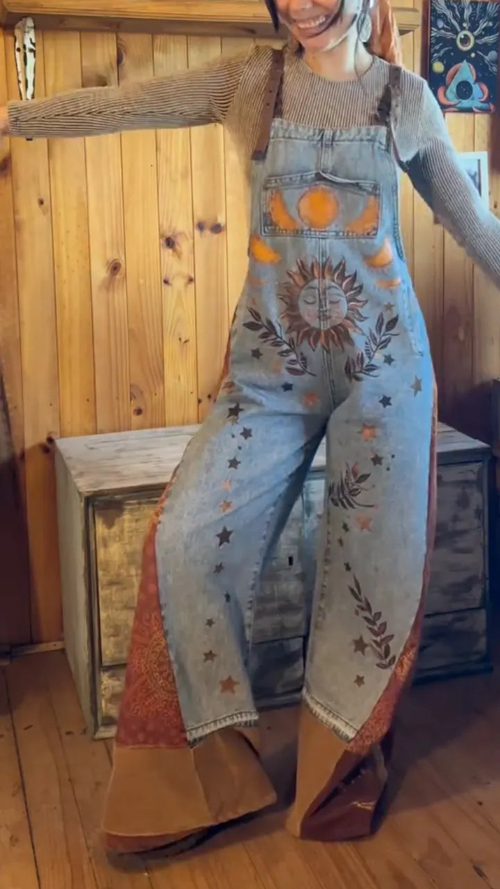 Sun Moon Star Print Patchwork Denim Dungaree Overalls