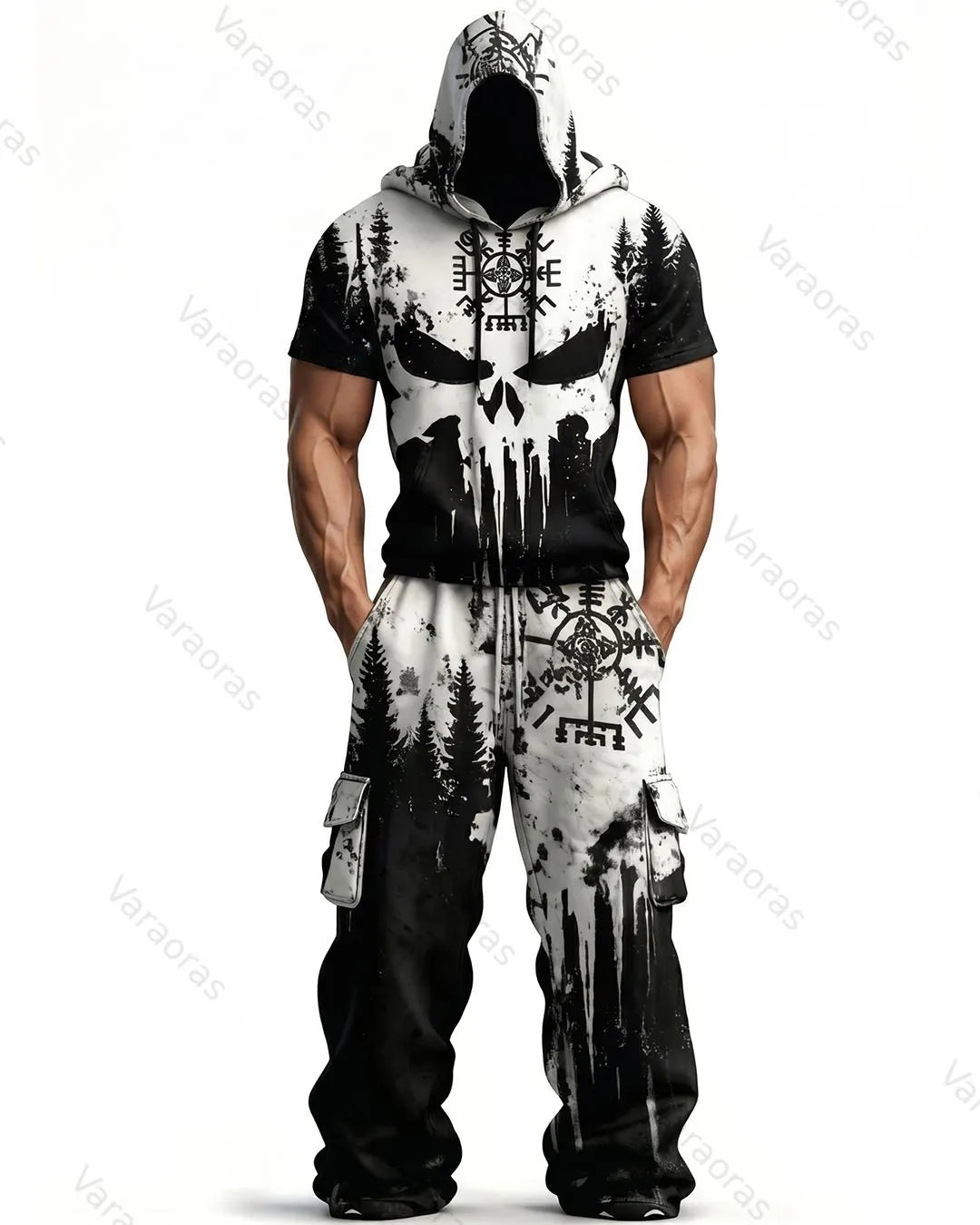 Men's Fashion Skull Contrast Color Embroidered Hoodie & Pants Two-Piece Set 4888