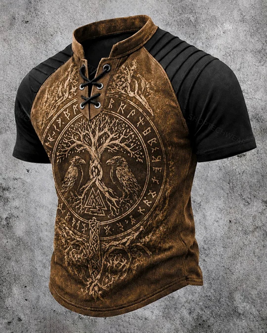 Men's Viking Tree of Life Print Short-Sleeve Henley T-Shirt 4754