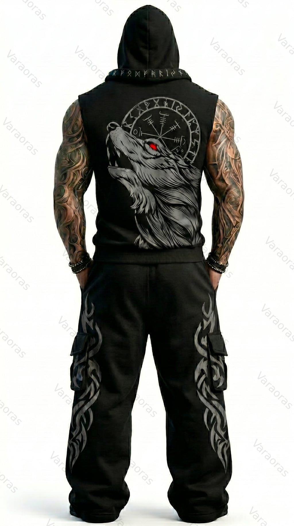 Men's Viking-Style Color-Block Embroidered Hooded Sleeveless Top and Pants Two-Piece Set 3338