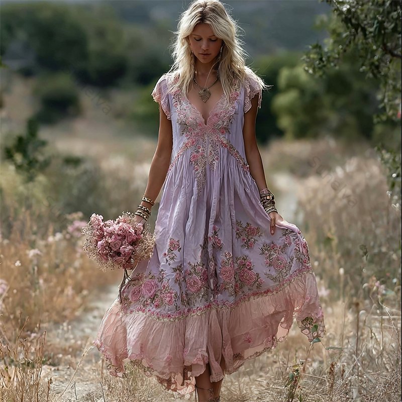 Boho Pink Floral Embroidered Lace Trim Flowy Linen Maxi Dress 1747