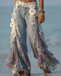 Women's Outdoor Fashion Floral Embroidery Color Block Gradient Denim Linen Pants 3941