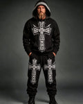 Men's Summer Fashion Viking Embroidered Cotton Linen Hooded Top and Pants Two-Piece Set 4118