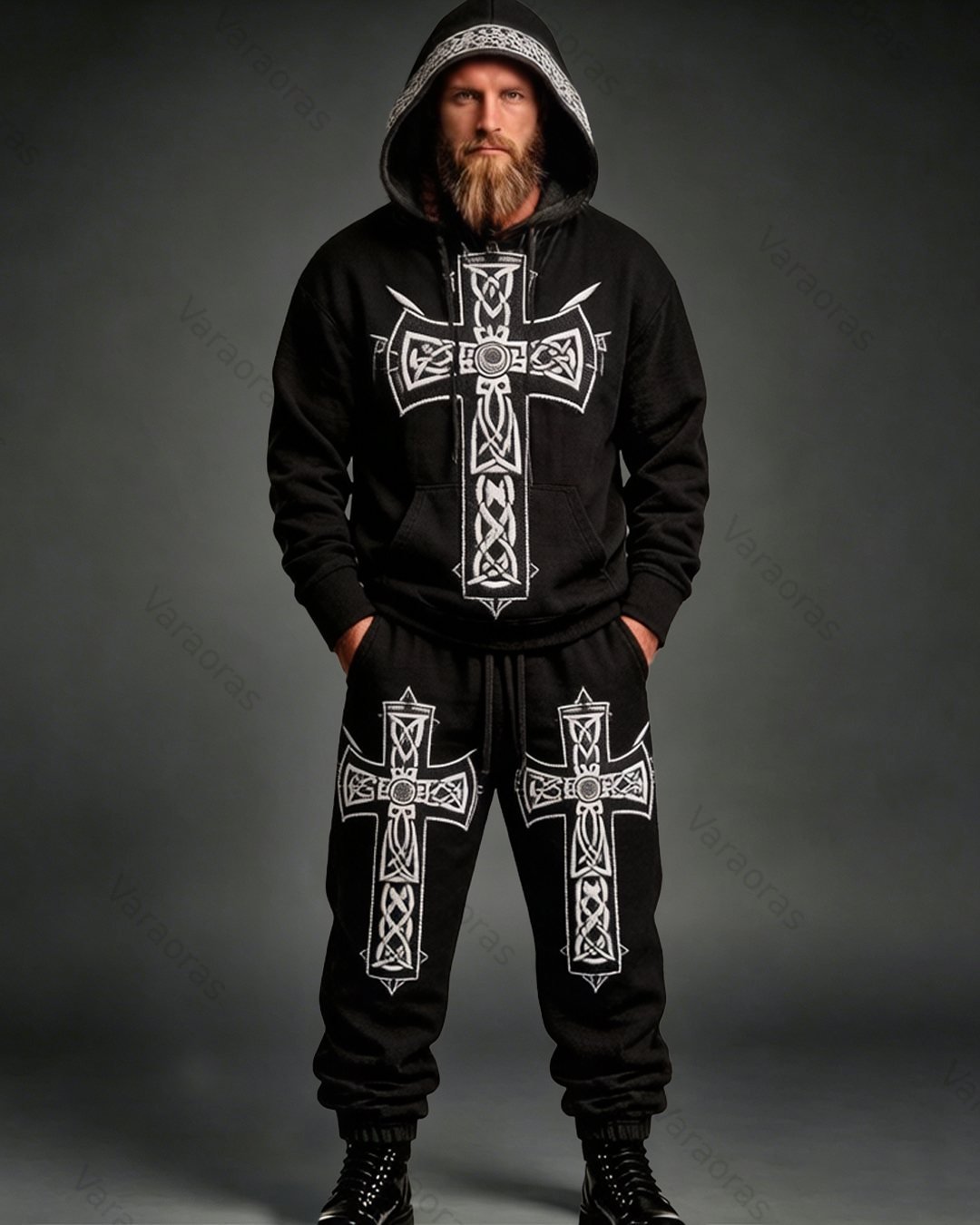 Men's Summer Fashion Viking Embroidered Cotton Linen Hooded Top and Pants Two-Piece Set 4118