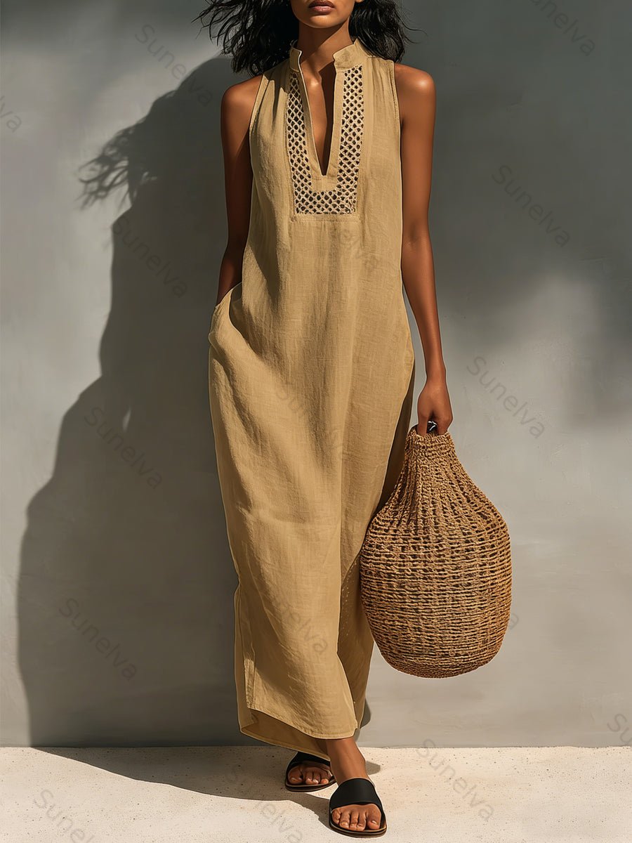 Women's Minimalist Sleeveless Maxi Dress With Cutout Neckline 7775
