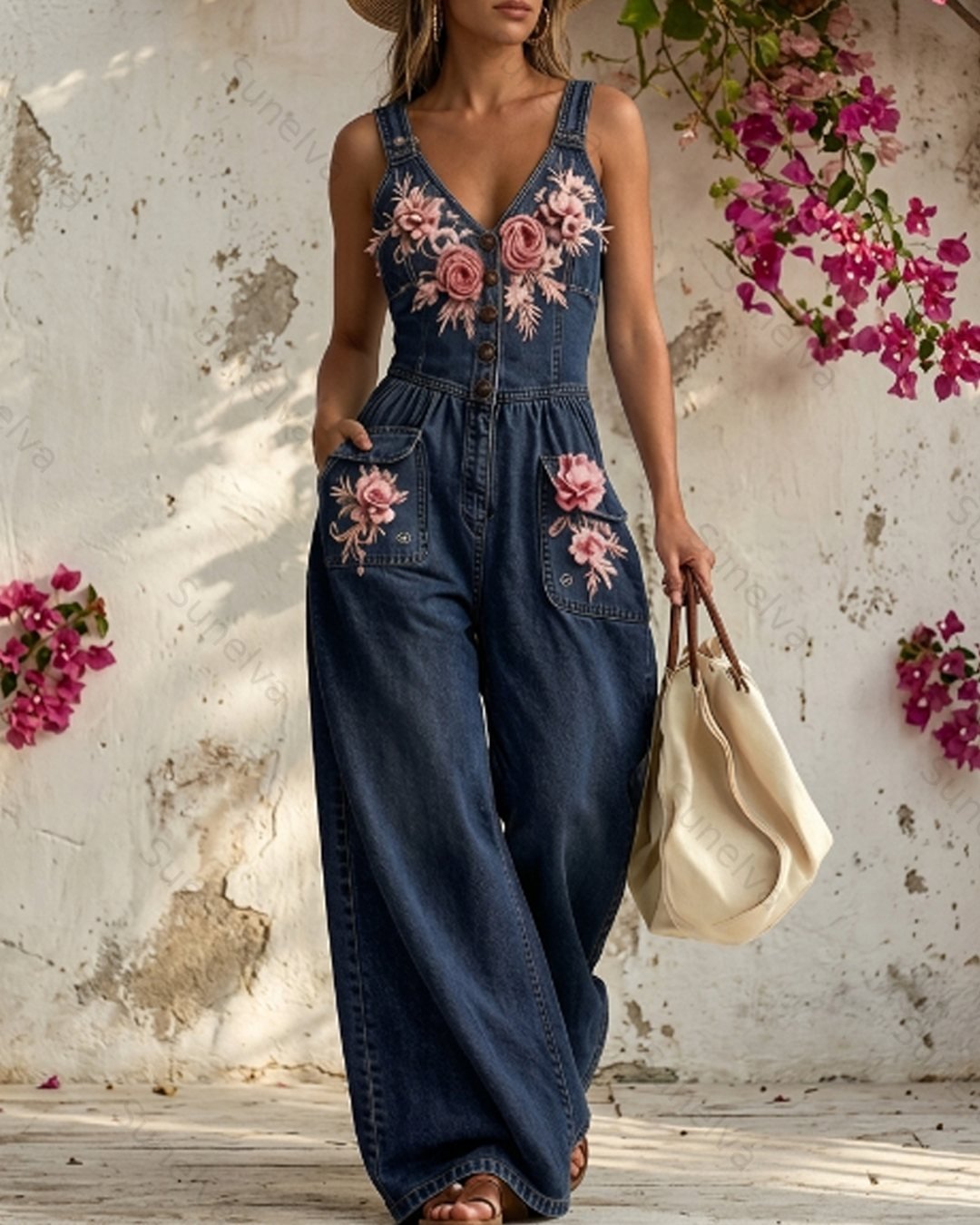 Women's Summer 3D Floral Embroidery Washed Thin Denim Overalls  1608